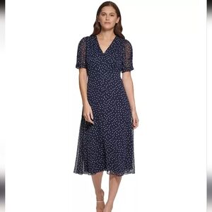 DKNY Navy Blue White Polka Dot Midi V Neck Dress 12
